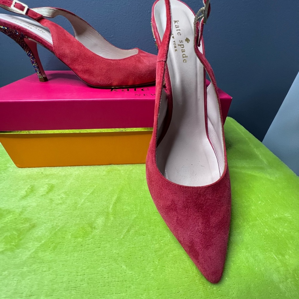 Kate Spade June Poppy Red Kid Soft Suede multicolor stone Sling Backs -9 1/2.